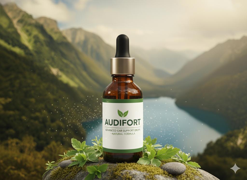 Audifort natural hearing support supplement bottle with dropper for ear health and auditory comfort