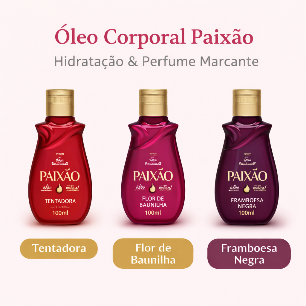 Óleo Corporal Paixão nas fragrâncias Tentadora, Flor de Baunilha e Framboesa Negra