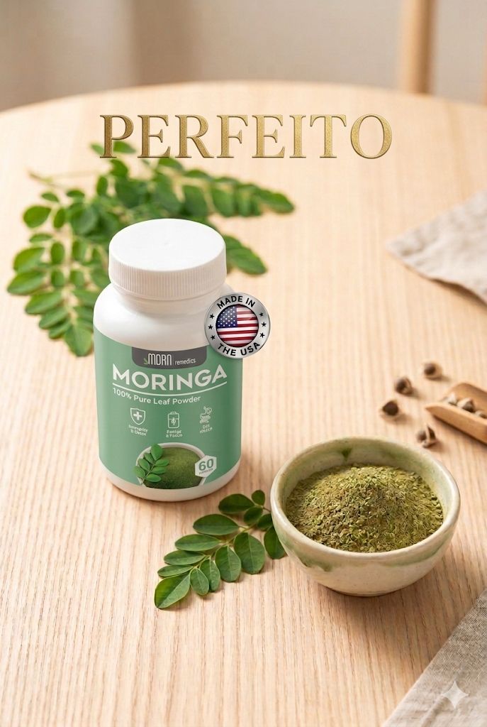 Pure Moringa natural supplement bottle with moringa leaves and powder